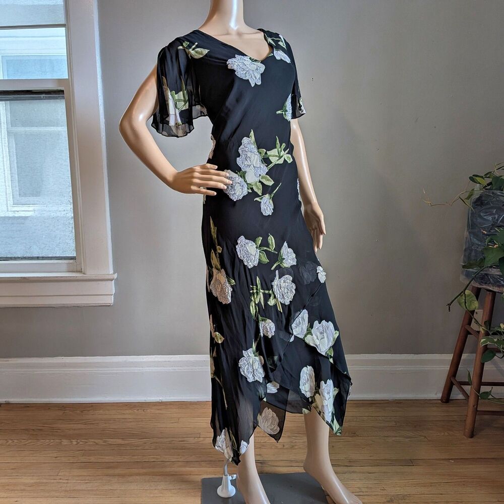 Vintage Y2K Eva Blue Black Midi Dress Beaded Floral Slinky Fairycore Size 14
